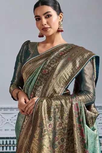 pista green kanjivaram mul silk blend blend zari meenakari woven saree with blouse