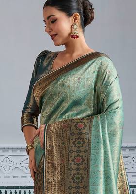 pista green kanjivaram mul silk blend blend zari meenakari woven saree with blouse 3