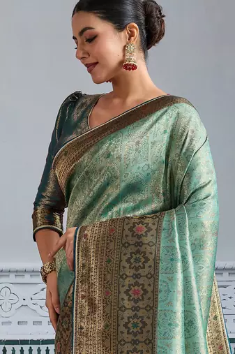 pista green kanjivaram mul silk blend blend zari meenakari woven saree with blouse