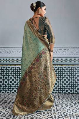 pista green kanjivaram mul silk blend blend zari meenakari woven saree with blouse 4