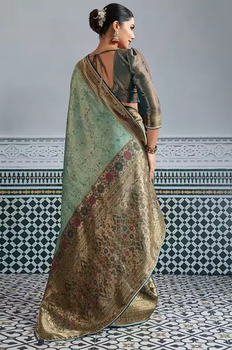 pista green kanjivaram mul silk blend blend zari meenakari woven saree with blouse