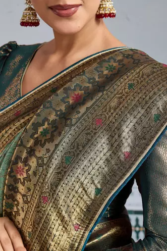 pista green kanjivaram mul silk blend blend zari meenakari woven saree with blouse