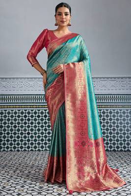 teal kanjivaram mul silk blend blend zari meenakari woven saree with blouse 1