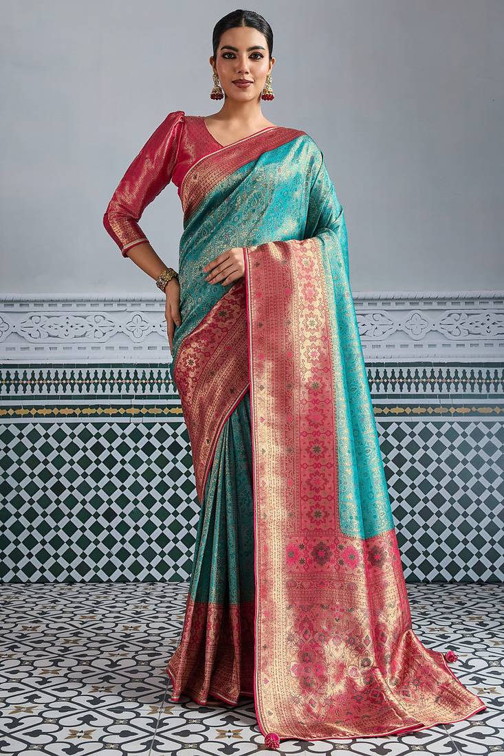 teal kanjivaram mul silk blend zari meenakari woven saree with blouse
