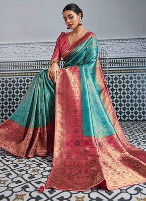 teal kanjivaram mul silk blend blend zari meenakari woven saree with blouse 2