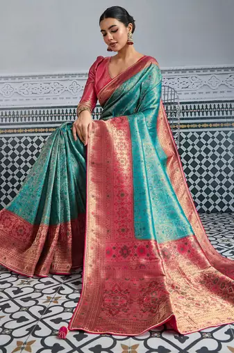 teal kanjivaram mul silk blend blend zari meenakari woven saree with blouse