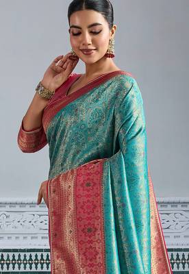 teal kanjivaram mul silk blend blend zari meenakari woven saree with blouse 3