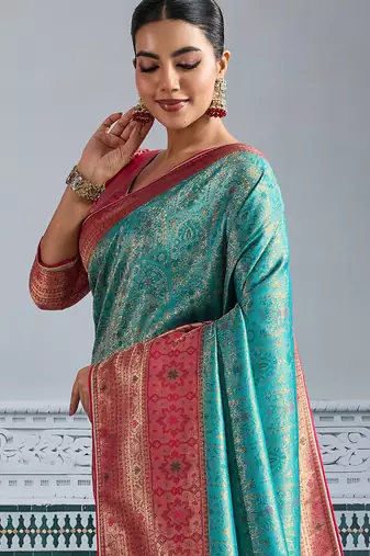 teal kanjivaram mul silk blend blend zari meenakari woven saree with blouse