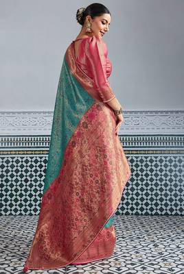 teal kanjivaram mul silk blend blend zari meenakari woven saree with blouse 4