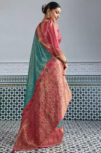 teal kanjivaram mul silk blend blend zari meenakari woven saree with blouse