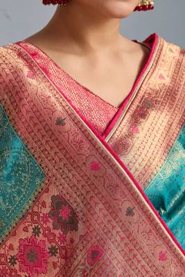 teal kanjivaram mul silk blend blend zari meenakari woven saree with blouse 5