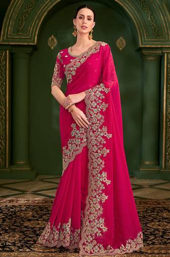 red silk blend georgette heavy thread embroidery sequins border work with embroidery blouse saree with blouse