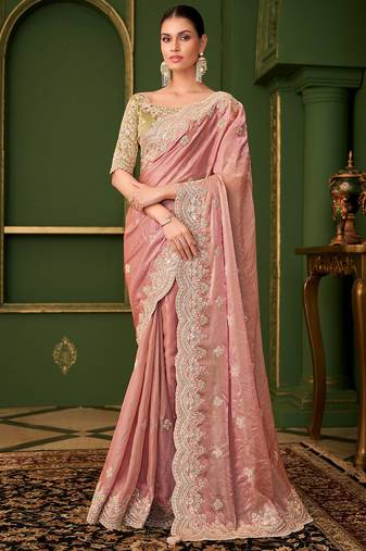 peach sartin georgette silk blend heavy thread embroidery, sequins work with embroidery blouse saree with blouse