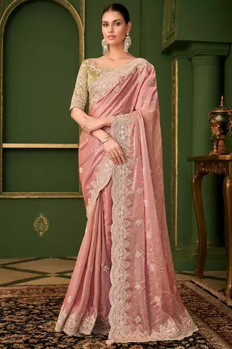 peach sartin georgette silk blend heavy thread embroidery, sequins work with embroidery blouse saree with blouse