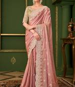 peach sartin georgette silk blend heavy thread embroidery, sequins work with embroidery blouse saree with blouse
