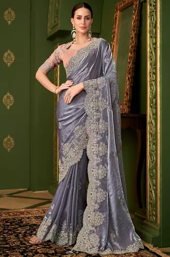 grey sartin georgette silk blend heavy thread embroidery, sequins work with embroidery blouse saree with blouse