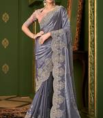 grey sartin georgette silk blend heavy thread embroidery, sequins work with embroidery blouse saree with blouse