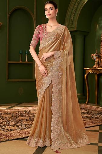 gold sartin chiffon silk blend heavy thread embroidery sequins border work with embroidery blouse saree with blouse
