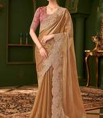 gold sartin chiffon silk blend heavy thread embroidery sequins border work with embroidery blouse saree with blouse