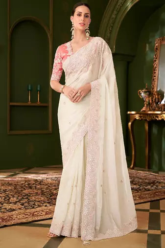 powder white georgette silk blend heavy thread embroidery, sequins work with embroidery blouse saree with blouse