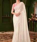 powder white georgette silk blend heavy thread embroidery, sequins work with embroidery blouse saree with blouse