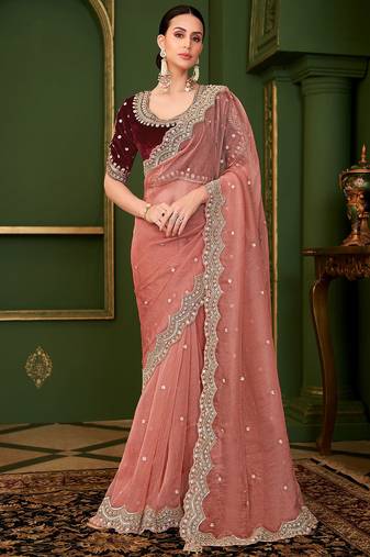 peach tissue georgette silk blend heavy thread embroidery, sequins work with embroidery blouse saree with blouse
