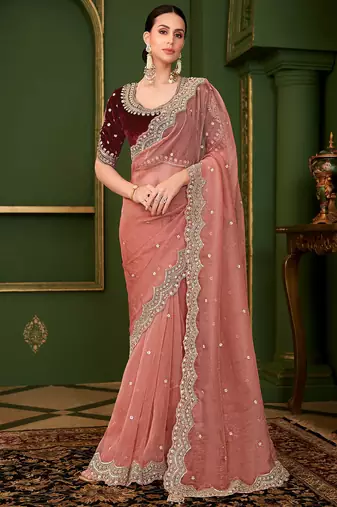 peach tissue georgette silk blend heavy thread embroidery, sequins work with embroidery blouse saree with blouse