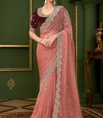 peach tissue georgette silk blend heavy thread embroidery, sequins work with embroidery blouse saree with blouse