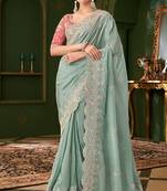 sky blue viscose georgette silk blend heavy thread embroidery, sequins work with embroidery blouse saree with blouse
