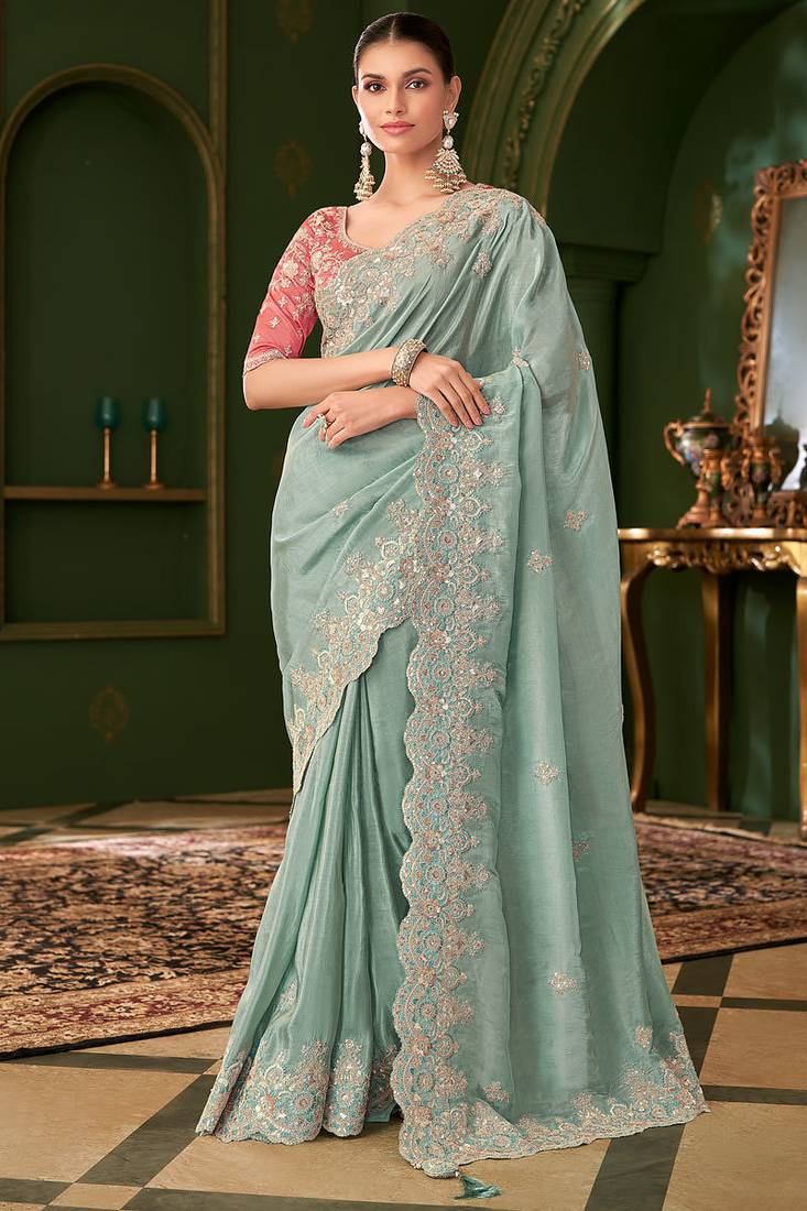 sky blue viscose georgette silk blend heavy thread embroidery, sequins work with embroidery blouse saree with blouse