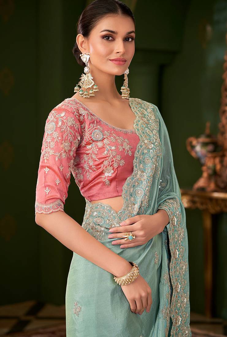 sky blue viscose georgette silk blend heavy thread embroidery, sequins work with embroidery blouse saree with blouse