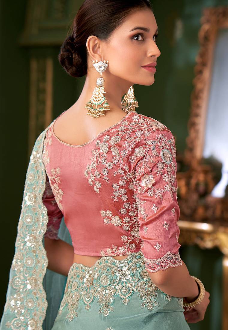 sky blue viscose georgette silk blend heavy thread embroidery, sequins work with embroidery blouse saree with blouse