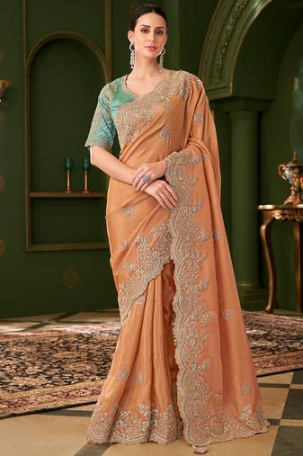 saffron viscose georgette silk blend heavy thread embroidery, sequins work with embroidery blouse saree with blouse