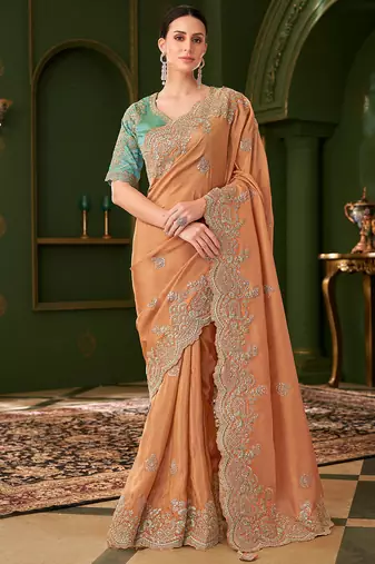 saffron viscose georgette silk blend heavy thread embroidery, sequins work with embroidery blouse saree with blouse