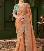 saffron viscose georgette silk blend heavy thread embroidery, sequins work with embroidery blouse saree with blouse