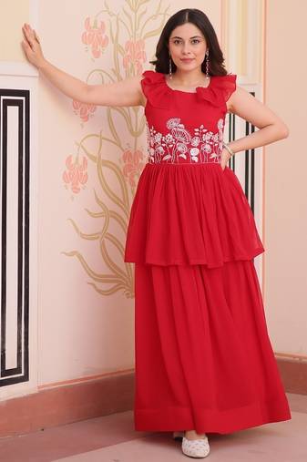 Red Faux Blooming Gown with Bead & Sequin Embroidery | Fully Stitched Festive & Partywear Gown for Women