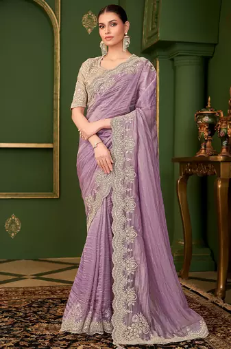 onion georgette silk blend heavy thread embroidery sequins border work with embroidery blouse saree with blouse