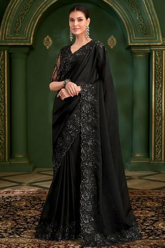 Jet black sartin georgette heavy thread embroidery sequins border work with embroidery blouse saree with blouse