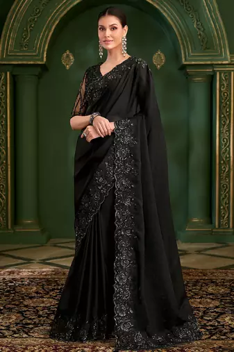 Jet black sartin georgette heavy thread embroidery sequins border work with embroidery blouse saree with blouse