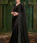 Jet black sartin georgette heavy thread embroidery sequins border work with embroidery blouse saree with blouse