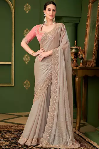 chikoo sartin georgette silk blend heavy thread embroidery sequins border work with embroidery blouse saree with blouse