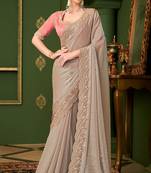 chikoo sartin georgette silk blend heavy thread embroidery sequins border work with embroidery blouse saree with blouse