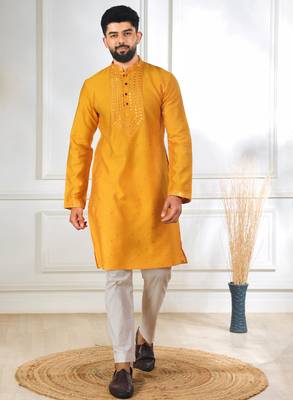 Yellow color jacquard silk fabric embroidered kurta payjama for men's 1