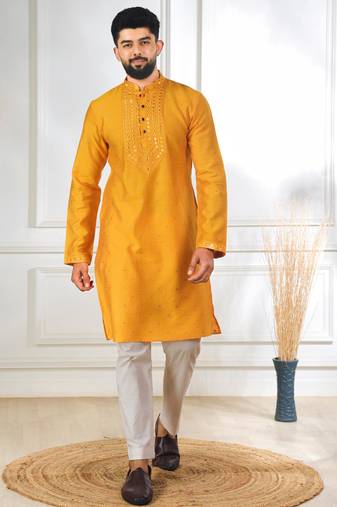 Yellow color jacquard silk fabric designer embroidered kurta payjama for men's