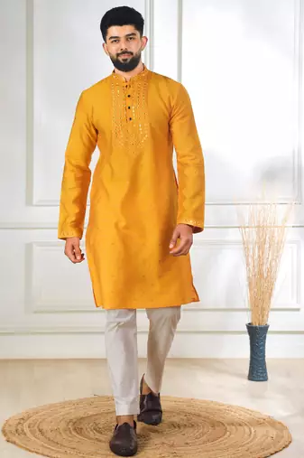 Yellow color jacquard silk fabric designer embroidered kurta payjama for men's