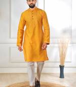 Yellow color jacquard silk fabric designer embroidered kurta payjama for men's