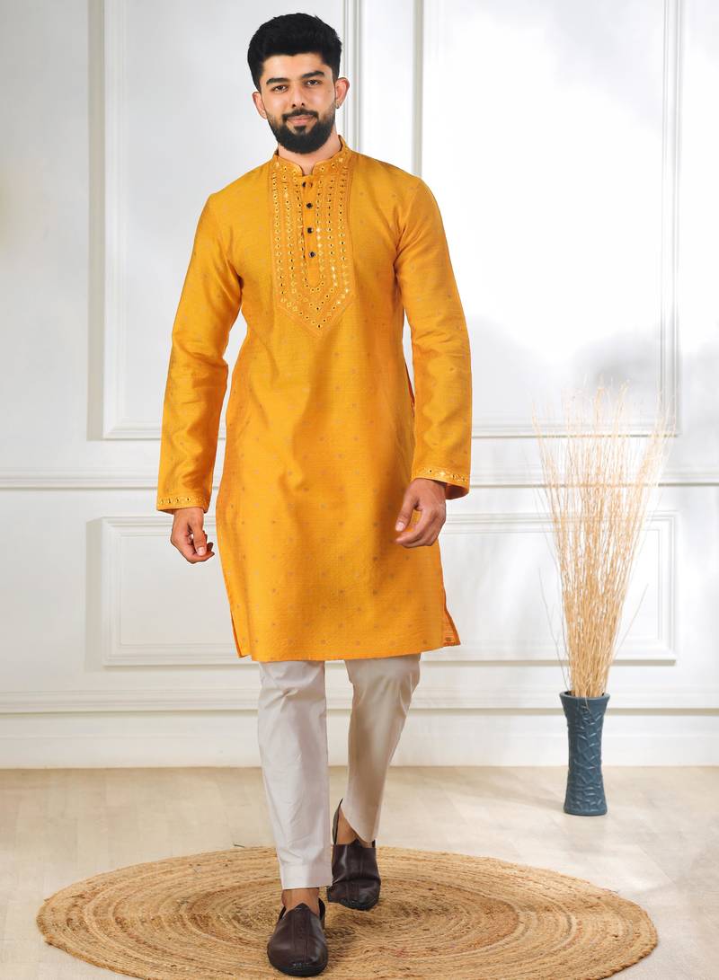 Yellow color jacquard silk fabric designer embroidered kurta payjama for men's