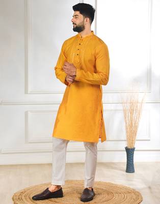 Yellow color jacquard silk fabric embroidered kurta payjama for men's 2