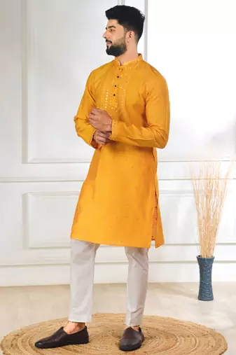 Yellow color jacquard silk fabric embroidered kurta payjama for men's