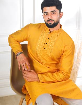 Yellow color jacquard silk fabric embroidered kurta payjama for men's 3